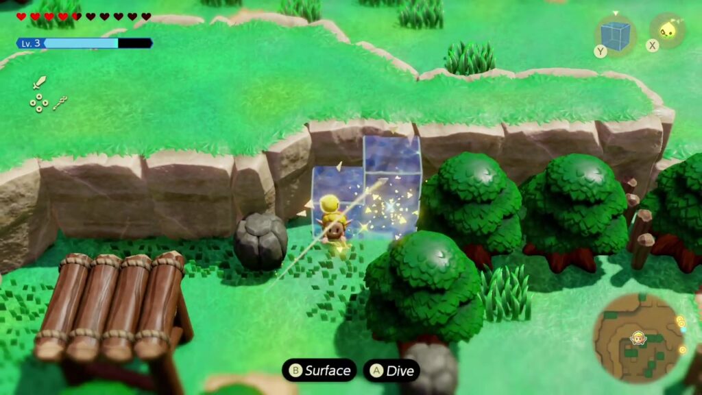 Zelda stapelt Wasserblöcke, um die grasbewachsenen Felsvorsprünge im Westen zu erklimmen. Hyrule Feldschluchten.