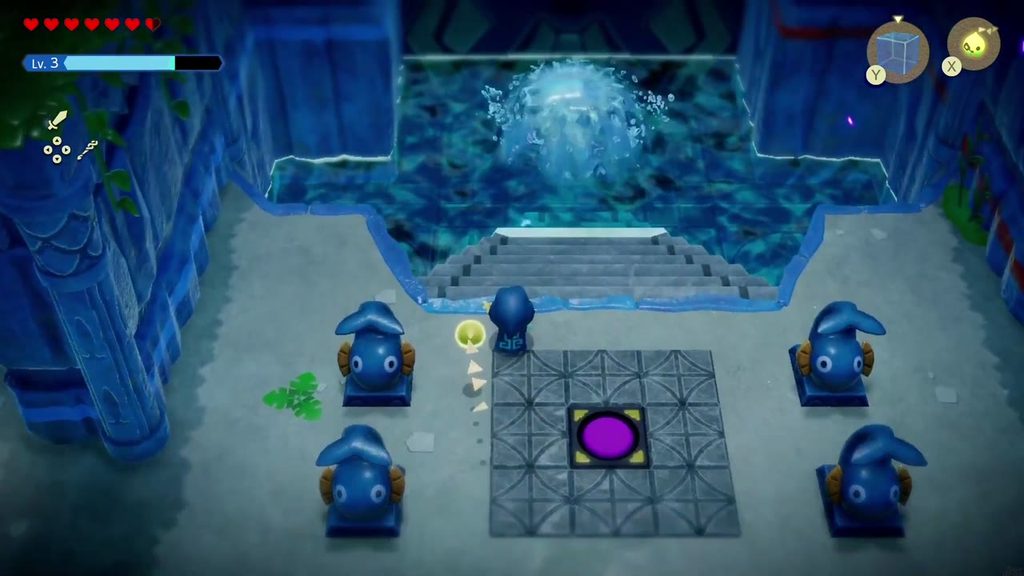 The basin before the coloured-lock door is now flooded, with a water spout bubbling in it.