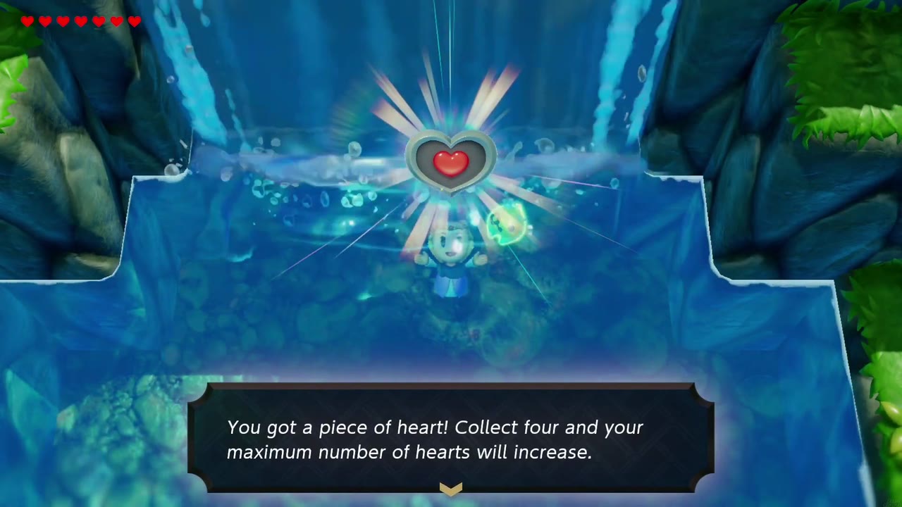 The Jabul Waters Rift - The Legend of Zelda: Echoes of Wisdom Walkthrough 93 Zelda surfaces holding the Piece of Heart from the Zora River waterfall pool, with its text box.