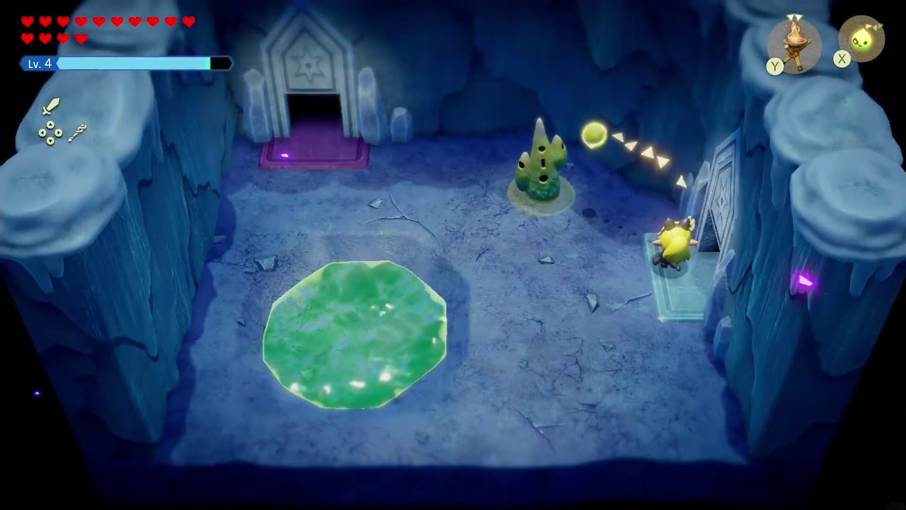Lanayru Temple Dungeon - The Legend of Zelda: Echoes of Wisdom Walkthrough 37 The small Waypoint room before the miniboss, with the statue in the middle and the door at top left.