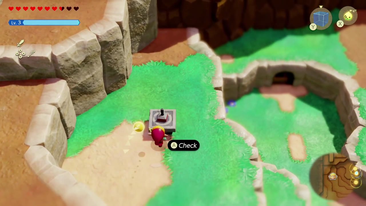Hyrule Castle: Still Missing - The Legend of Zelda: Echoes of Wisdom Walkthrough 146 Zelda at the stamp stand in a grassy canyon pocket of Western Hyrule Field, with the Check prompt showing.