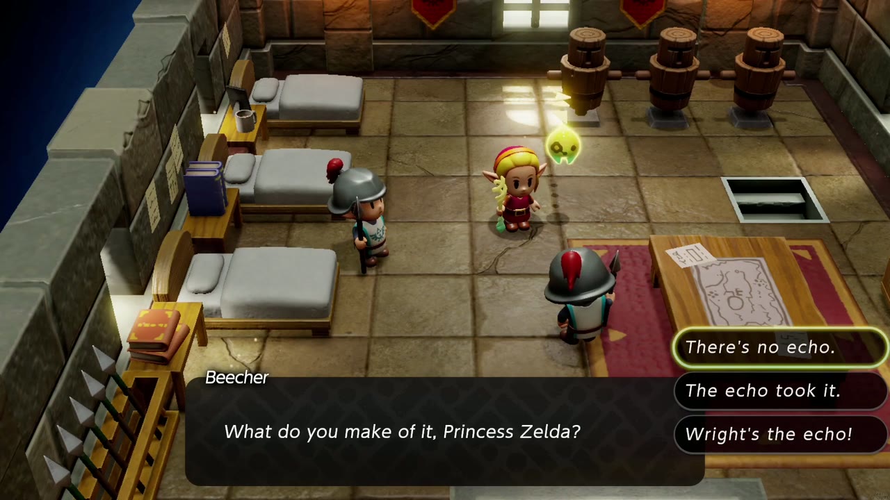 One Soldier Too Many - The Legend of Zelda: Echoes of Wisdom Walkthrough 14 Beecher asks what Zelda makes of the clues, with the options There's no echo, The echo took it and Wright's the echo.