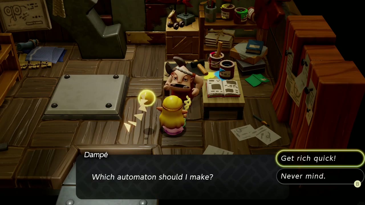 Get Rich Quick! - The Legend of Zelda: Echoes of Wisdom Walkthrough 18 Dampé asks which automaton he should make, with Get rich quick! highlighted.