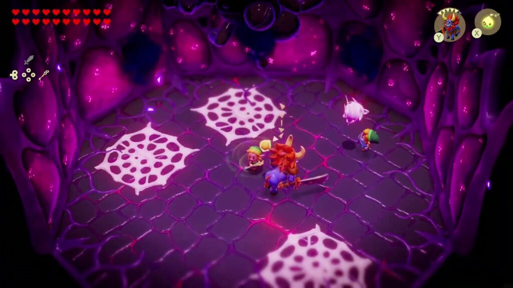 Null's Body: Final Dungeon - The Legend of Zelda: Echoes of Wisdom Walkthrough 53 White web patches cover Null's arena floor in the final round of summons while the Lynel echo fights on.