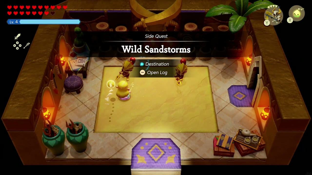 The Wild Sandstorms side quest banner appears in the palace training room. The Wild Sandstorms side quest banner appears in the palace training room.