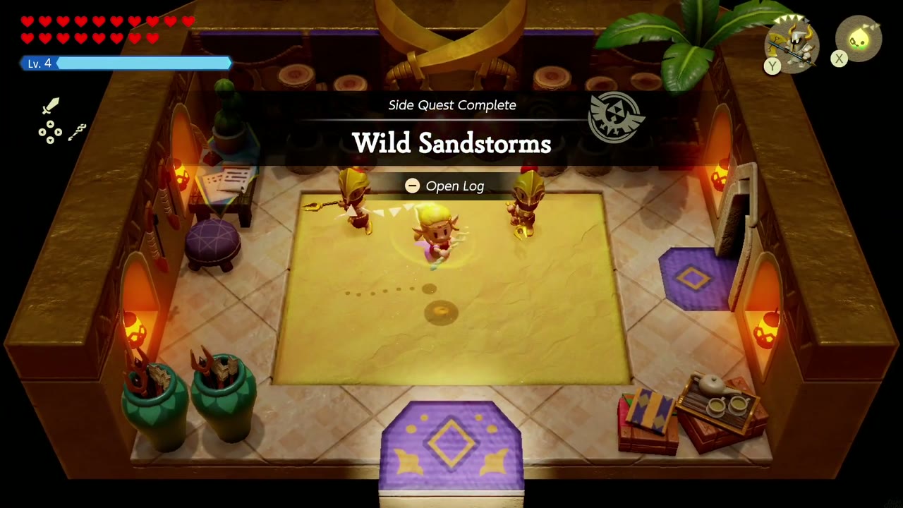 The Side Quest Complete banner for Wild Sandstorms appears in the training room. The Side Quest Complete banner for Wild Sandstorms appears in the training room.