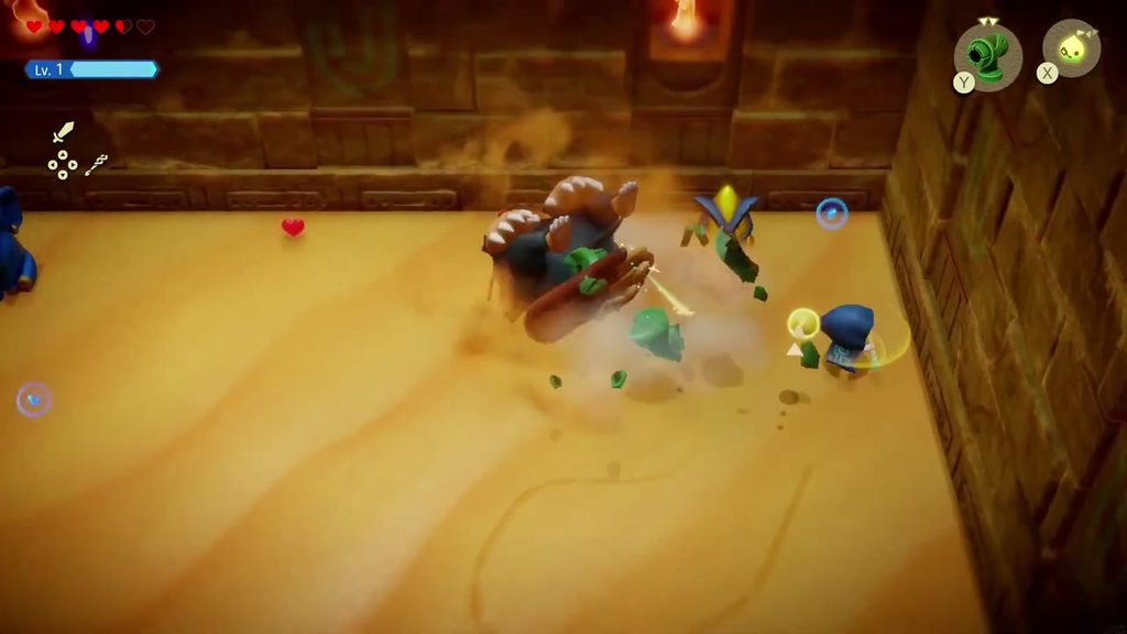 Gerudo Sanctum Dungeon - The Legend of Zelda: Echoes of Wisdom Walkthrough 137 A Wind Cannon gust blasts Mogryph out of the sand, leaving it exposed for Zelda to attack.