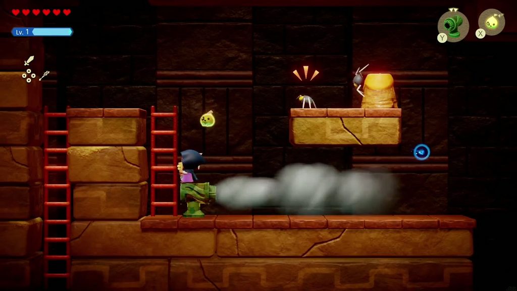 Gerudo Sanctum Dungeon - The Legend of Zelda: Echoes of Wisdom Walkthrough 96 In the side-view room, a Wind Cannon echo blasts the crawling spiders along the floor.