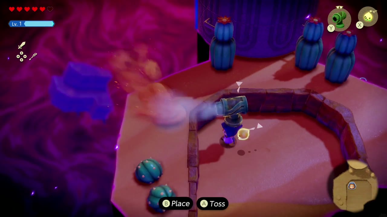 Gerudo Sanctum Dungeon - The Legend of Zelda: Echoes of Wisdom Walkthrough 118 A Wind Cannon echo blows the sand mounds off the cactus ledge below the Stilled Sanctum tower.