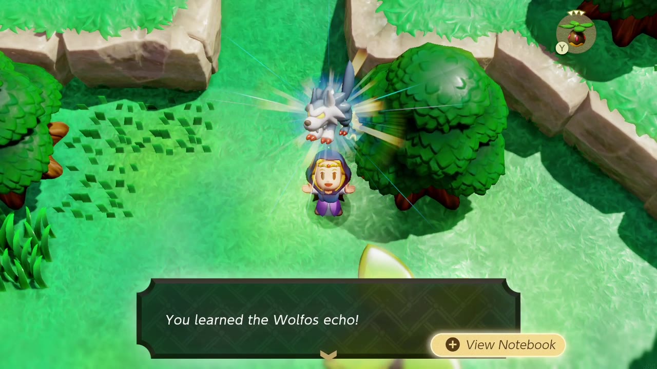 Zelda encapuzada aprende o eco de Wolfos nas florestas da região do Lago Hylia. Zelda encapuzada aprende o eco de Wolfos nas florestas da região do Lago Hylia.