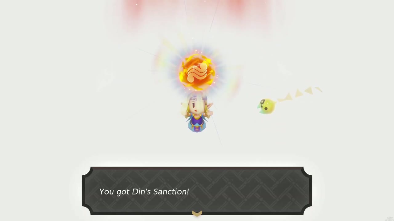 Zelda holds up a fiery red orb in a white void after the Volvagia fight: "You got Din's Sanction!" Zelda holds up a fiery red orb in a white void after the Volvagia fight: "You got Din's Sanction!"