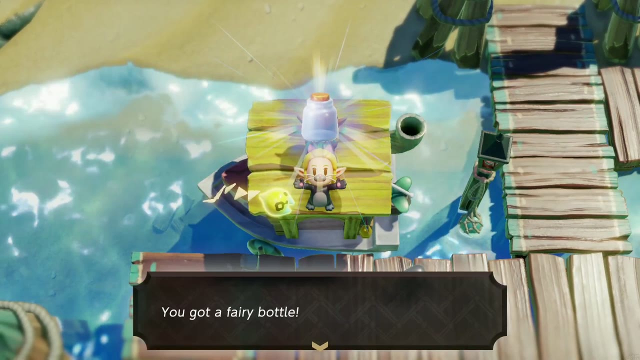 Zelda holds up a bottle on the sailor's boat at the Seesyde Village dock: "You got a fairy bottle!" Zelda holds up a bottle on the sailor's boat at the Seesyde Village dock: "You got a fairy bottle!"