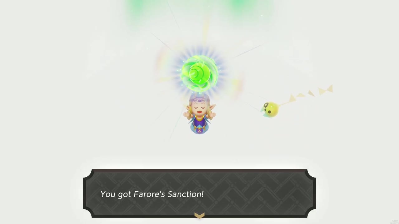 Zelda holds up a swirling green orb in a white void after the Gohma fight: "You got Farore's Sanction!" Zelda holds up a swirling green orb in a white void after the Gohma fight: "You got Farore's Sanction!"