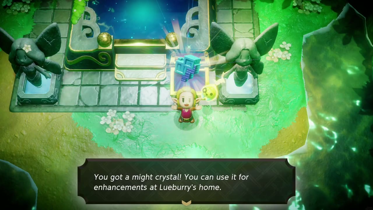 Zelda holds up a blue cube crystal at the Great Fairy Shrine: "You got a might crystal! You can use it for enhancements..." Zelda holds up a blue cube crystal at the Great Fairy Shrine: "You got a might crystal! You can use it for enhancements..."