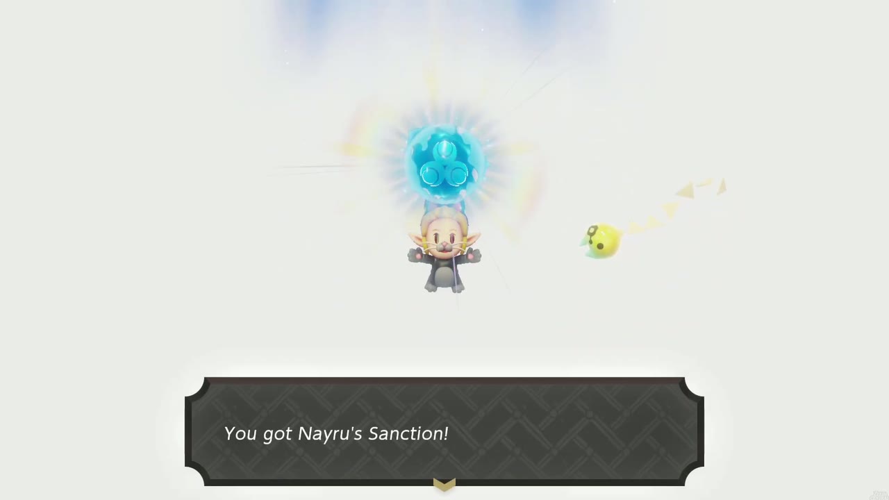 Zelda holds up a glowing blue orb in a white void after Lanayru Temple: "You got Nayru's Sanction!" Zelda holds up a glowing blue orb in a white void after Lanayru Temple: "You got Nayru's Sanction!"