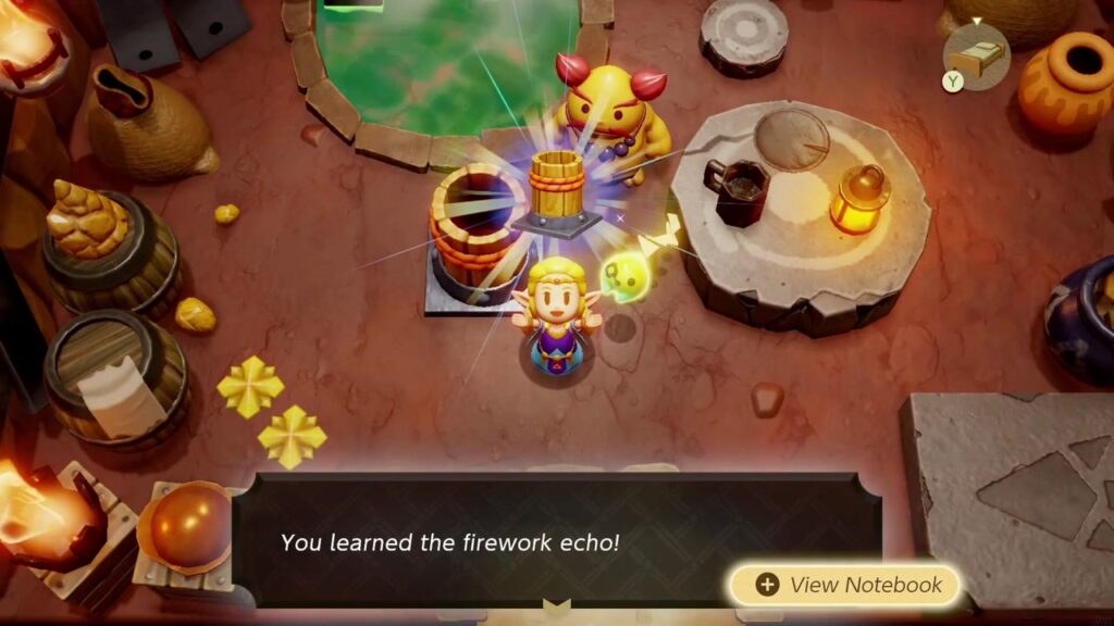 Automatons 52 In Basa's house in Goron City, Zelda raises a barrel-shaped Firework: "You learned the firework echo!"