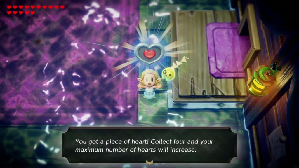 Zelda hält das Herzteil hoch, das die elektrische Qualle des Schiffswracks fallen gelassen hat: „Du hast ein Herzteil bekommen!“