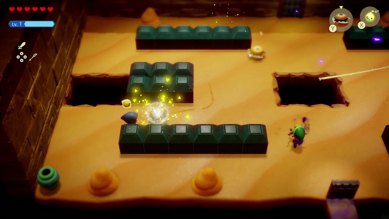 Gerudo Sanctum Dungeon - The Legend of Zelda: Echoes of Wisdom Walkthrough 91 Zelda and Link fight the spinning enemies together among the sand pits and green blocks.