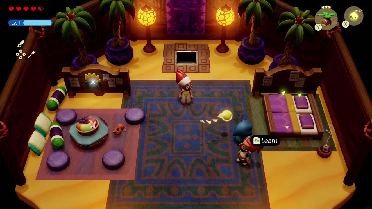 Zelda caminha até os canteiros macios roxos no Laboratório da Planta Manga-Resistente, com a opção "Aprender" exibida. Zelda caminha até os canteiros macios roxos no Laboratório da Planta Manga-Resistente, com a opção "Aprender" exibida.