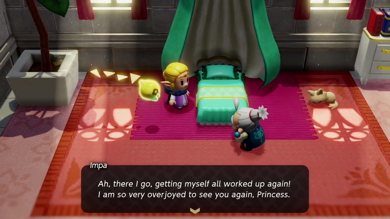 Zelda está de pé ao lado de sua cama com dossel azul-petróleo enquanto Impa cumprimenta-a no quarto de Zelda em Hyrule Castelo Zelda está de pé ao lado de sua cama com dossel azul-petróleo enquanto Impa cumprimenta-a no quarto de Zelda em Hyrule Castelo