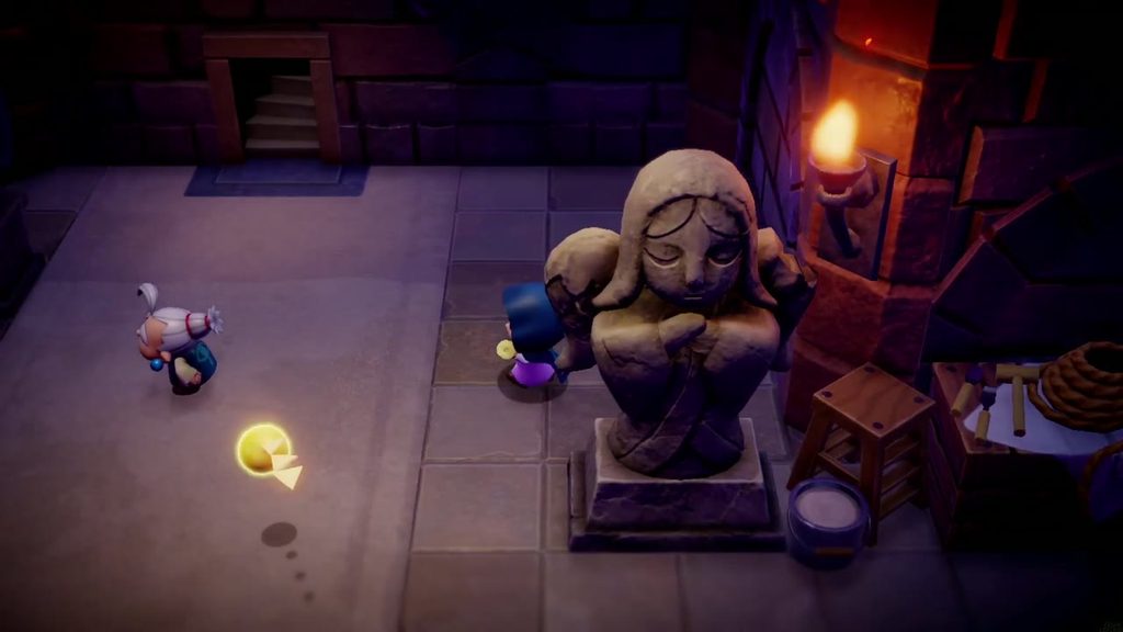 Zelda steps out from behind the statue in her new hooded disguise while Impa keeps watch