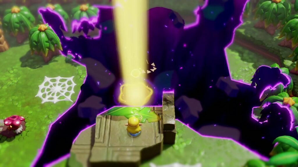 A Rift in the Faron Wetlands - The Legend of Zelda: Echoes of Wisdom Walkthrough 23 Zelda stands on the rift platform as a golden beam pulls her into Stilled Blossu's House.