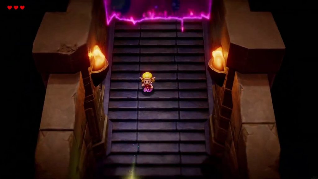 Zelda runs down a long staircase as the expanding rift swallows the room behind her