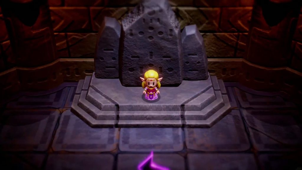 Zelda stands freed on the crystal's pedestal in the Suthorn Ruins throne room