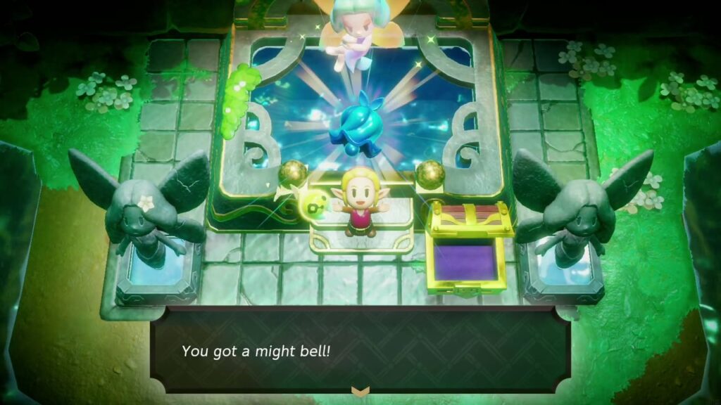 Zelda holds up the Might Bell: "You got a might bell!"