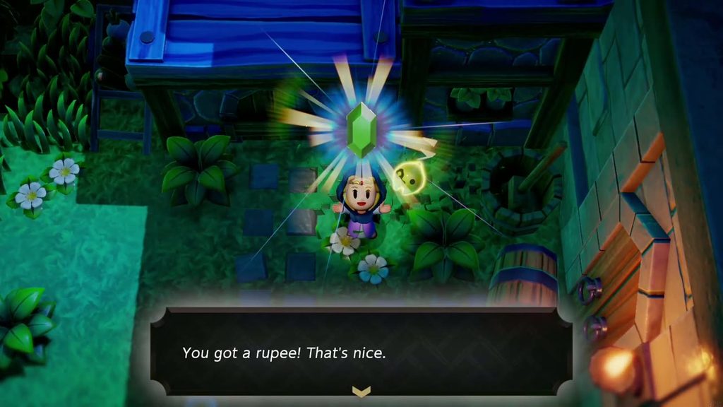 Zelda holds up a green rupee found in the Hyrule Castle garden at night