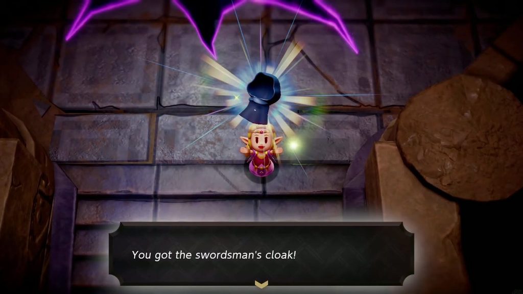 Zelda holds up the swordsman's cloak at the top of the stairs with the "You got" text box
