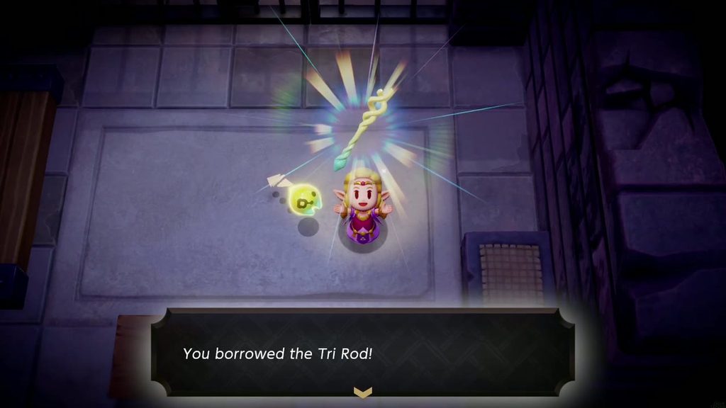 Zelda holds up the Tri Rod beside Tri with the "You borrowed the Tri Rod!" text box
