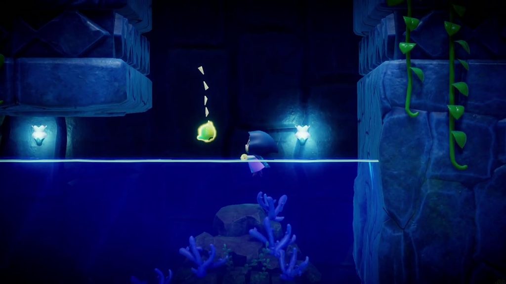 Zelda lands in the deep water of the side-scrolling passage where Jabul Ruins really begins.