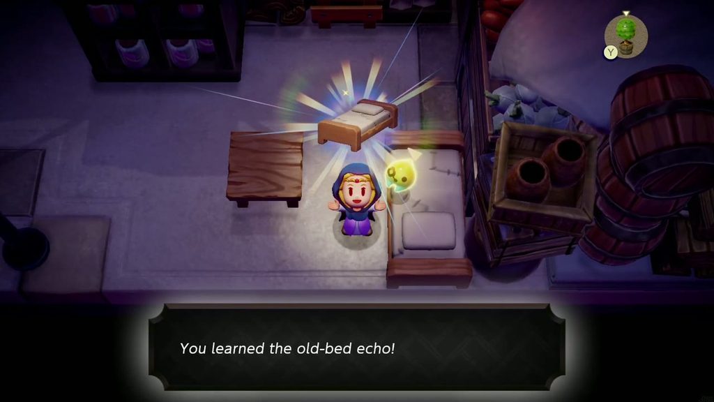 Zelda holds up a bed as she learns the Old Bed echo on the last shelf of the Hyrule Castle barracks