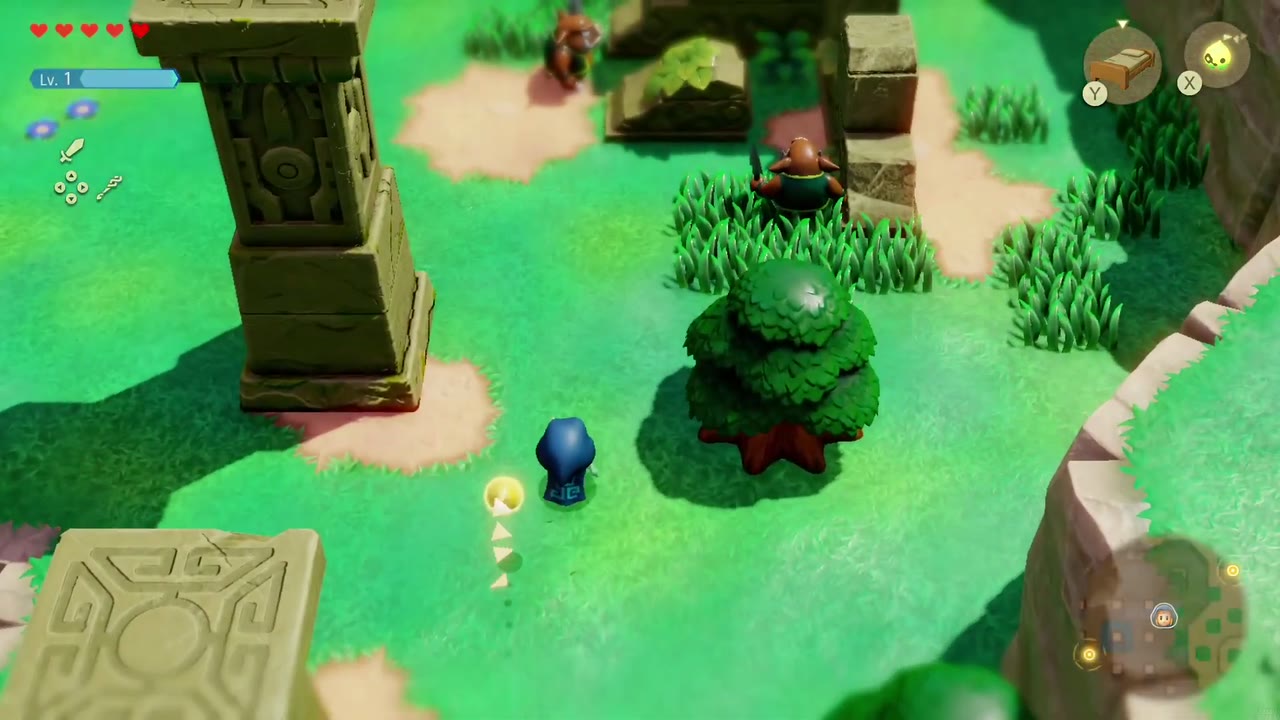 Up a Wall - The Legend of Zelda: Echoes of Wisdom Walkthrough 1 Zelda walks past a carved stone pillar toward the curved stone wall where Verley is trapped.