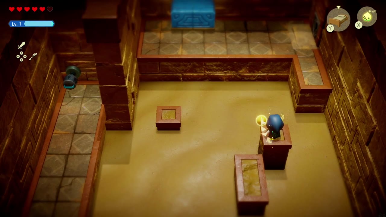 Gerudo Sanctum Dungeon - The Legend of Zelda: Echoes of Wisdom Walkthrough 81 Zelda stands atop a short stone pillar in the Gerudo Sanctum sand room after clearing the spinning enemies.