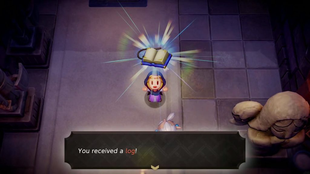 Zelda holds up the log book Impa gives her, which tracks the map and quests