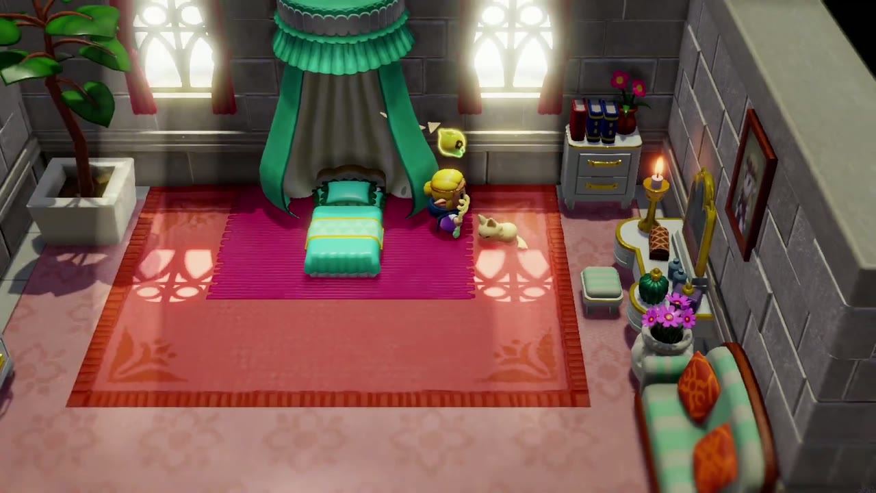 O quarto de Zelda em Hyrule Castelo com cama de dossel encostada na parede do fundo O quarto de Zelda em Hyrule Castelo com cama de dossel encostada na parede do fundo