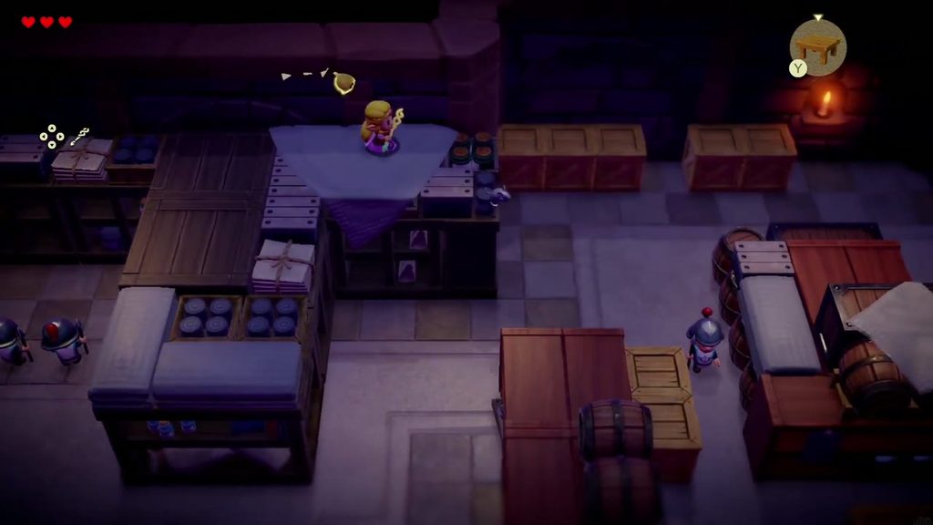 Zelda runs along the tops of the storeroom cabinets above the guards toward the pots
