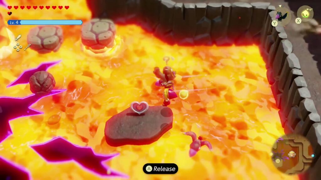 The Rift on Eldin Volcano - The Legend of Zelda: Echoes of Wisdom Walkthrough 79 Zelda holds on to a Crow echo with reverse Bind as it carries her over the lava toward the heart platform.