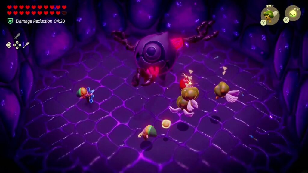 Null's Body: Final Dungeon - The Legend of Zelda: Echoes of Wisdom Walkthrough 32 Zirro echoes swarm Null's orb while Link closes in, with the Damage Reduction smoothie timer running.