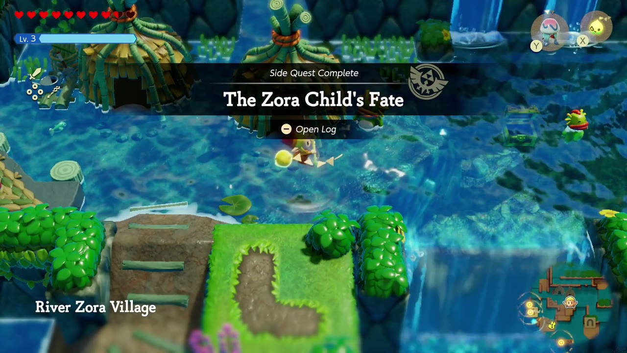 Side Quest Complete banner for The Zora Child's Fate in River Zora Village. Side Quest Complete banner for The Zora Child's Fate in River Zora Village.