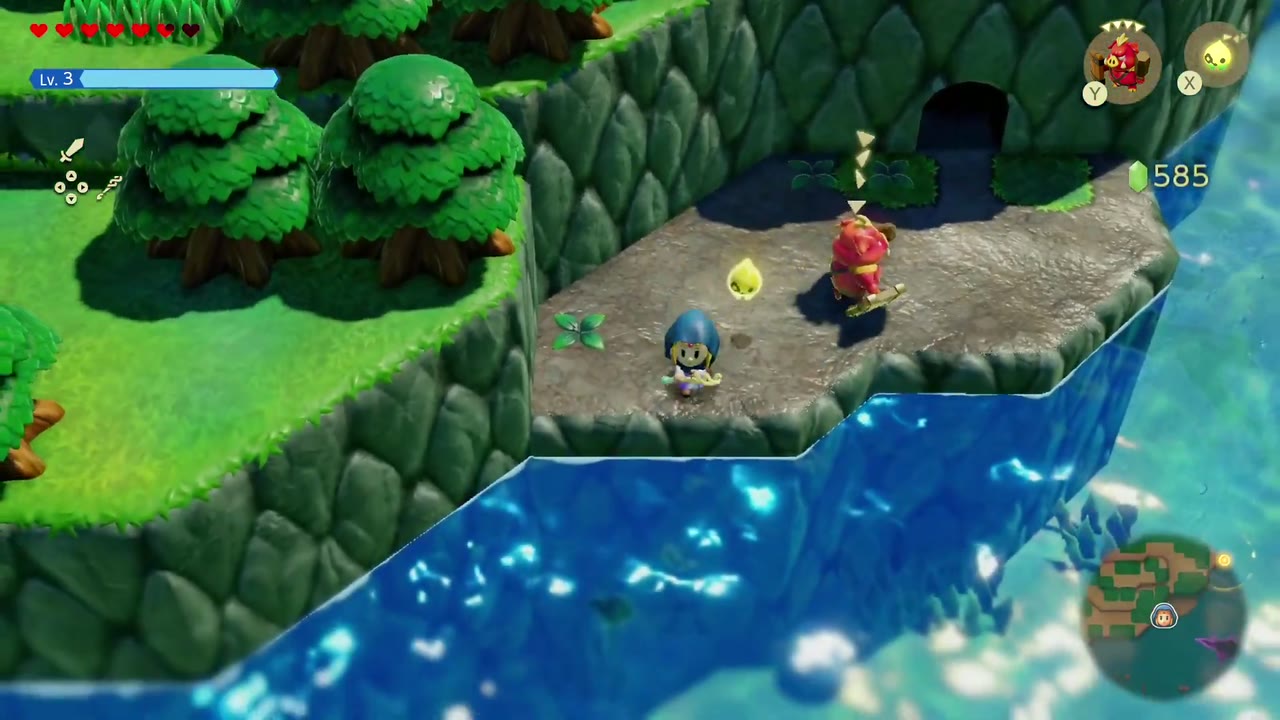 The Jabul Waters Rift - The Legend of Zelda: Echoes of Wisdom Walkthrough 94 Zelda on the stone ledge outside the Zora Cove cave, a red Boarblin beside her at the entrance.