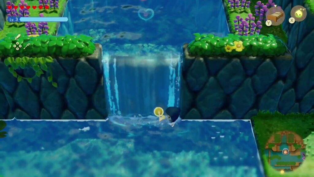 Zelda schwimmt am Fuße eines Zora Flusswasserfall; der herzförmige Glitzerpool liegt auf dem Felsvorsprung darüber.