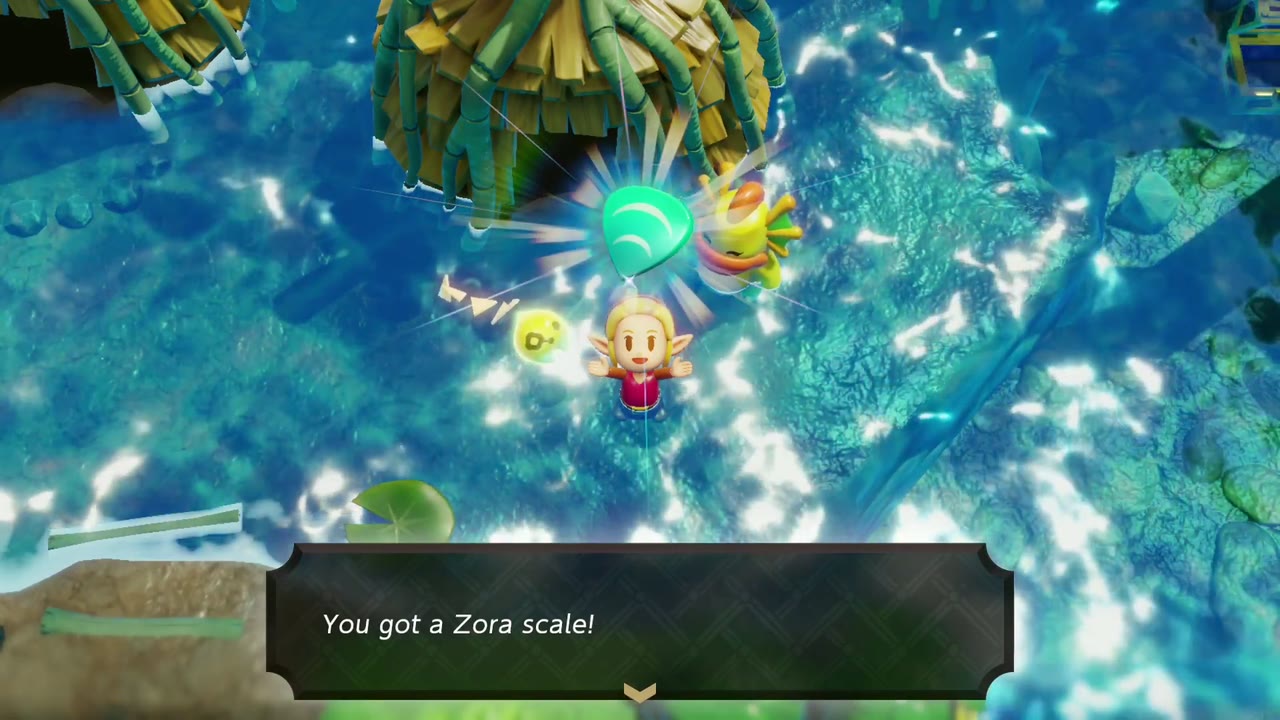 Zelda, swimming in River Zora Village, holds up the Zora Scale after The Zora Child's Fate Zelda, swimming in River Zora Village, holds up the Zora Scale after The Zora Child's Fate
