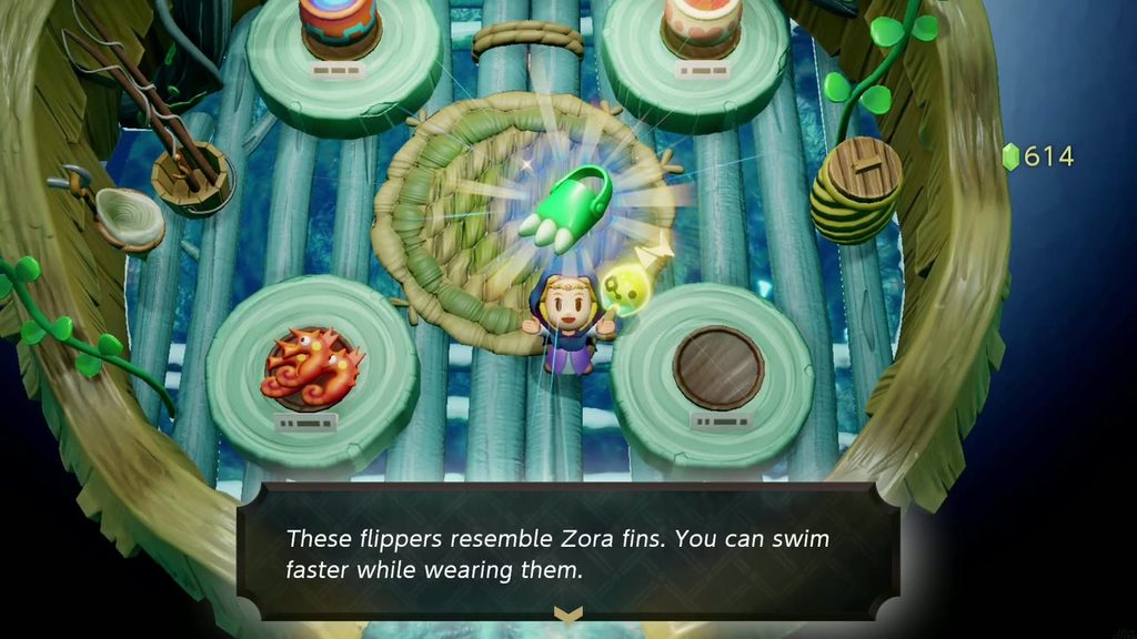 The Jabul Waters Rift - The Legend of Zelda: Echoes of Wisdom Walkthrough 64 Zelda holds up Zora's Flippers, bought in River Zora Village, which let her swim faster.