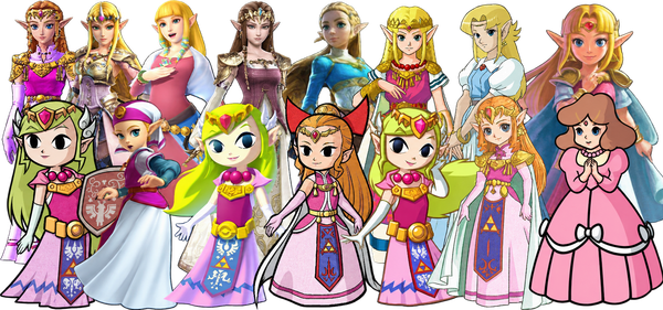 A collage of Princess Zelda as she appears in multiple Legend of Zelda games