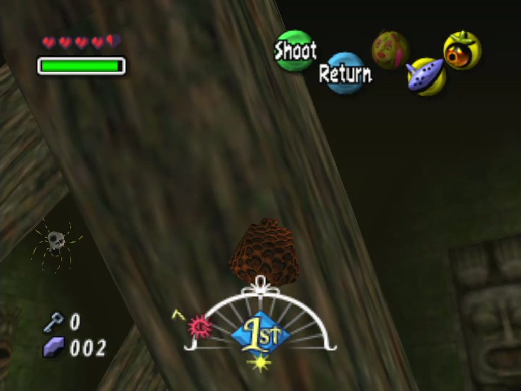 Deku Link lines up a bubble shot on a beehive holding a Stray Fairy. Deku Link lines up a bubble shot on a beehive holding a Stray Fairy.