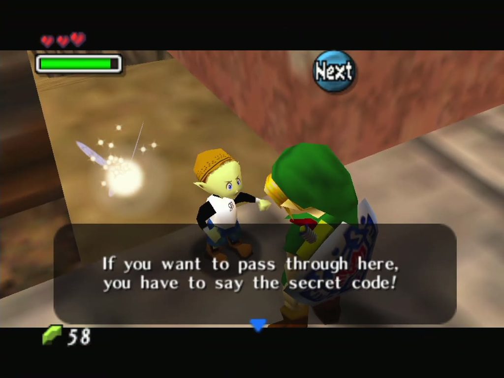 The Bomber guarding the hideout tells Link he must say the secret code to pass. The Bomber guarding the hideout tells Link he must say the secret code to pass.