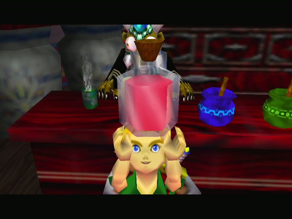 Link holds up his first Bottle, filled with Red Potion, given by Kotake.